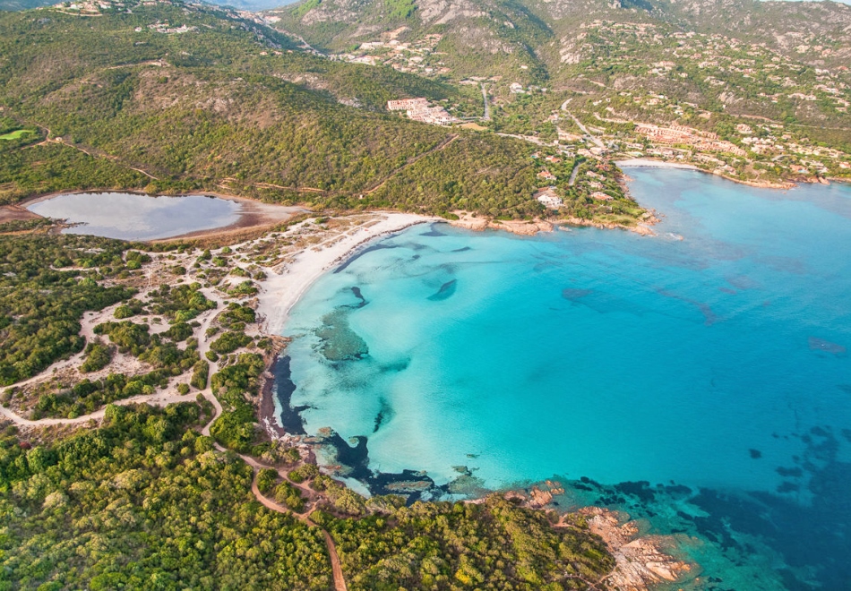 Sardinia, Italy. Aerial view of Costa Smeralda. Grande pervero Beach.